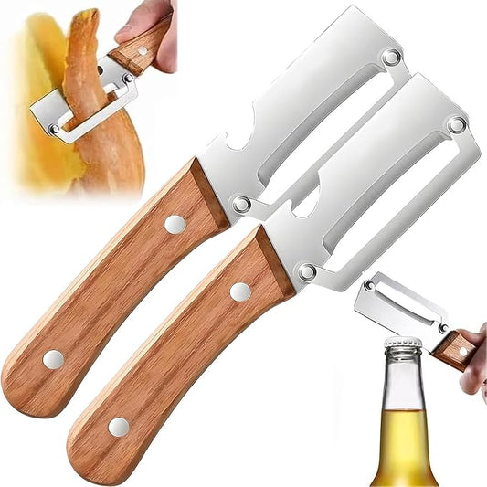2-in-1 stainless steel vegetable peeler with wooden handle and bottle opener, stainless steel blade, non-slip kitchen fruit peeler（2pcs） by YellowRiver