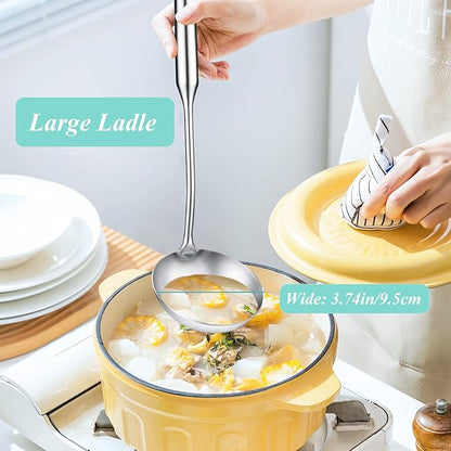 Soup Ladle and Slotted Spoon Set of 2, Metal 316 Stainless Steel Kitchen Ladles Food Strainer, Large Cooking Ladel and Fryer Scoop Kitchen Utensil Set for Stirring Serving Draining Frying