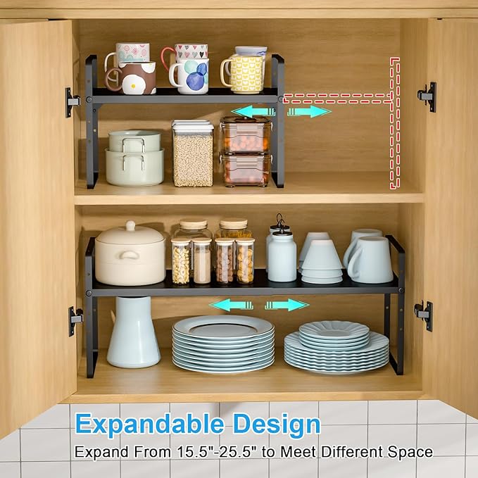 15.5 to 25.5 Inch Kitchen Cabinet Shelf Organizers, Adjustable Kitchen Counter Shelf Organizer, Set of 3 Expandable Countertop Storage Shelves, Stackable Design, 30LBS Heavy Duty, Space Saver - Image 3