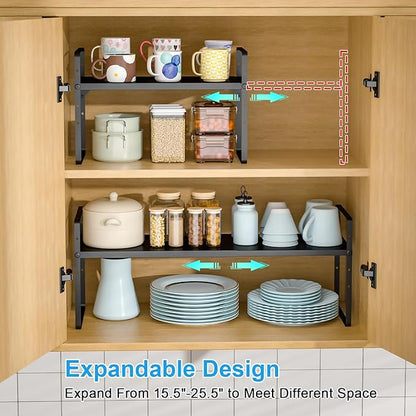15.5 to 25.5 Inch Expandable Kitchen Cabinet Organizer Shelf, 2 Pack 30 LBS Heavy Duty Adjustable Kitchen Counter Storage Shelves Organizers,Stackable Small Storage Shelf Rack For Cabinet Cupboard - Image 3