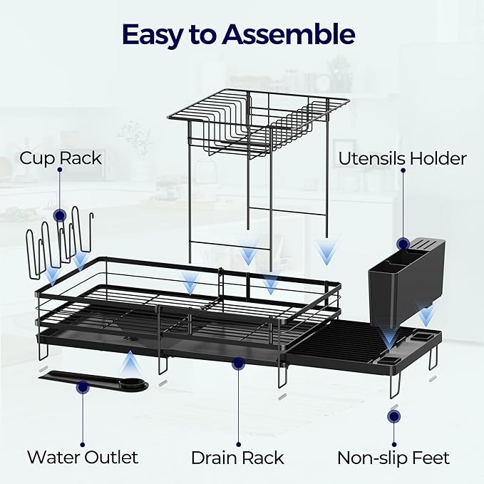 Large Dish Drying Rack, Expandable Dish Rack for Kitchen Counter, Dish Drainer with Drainboard Set, Multifunctional Dishrack with Utensil & Cup Holder, 13.4"-28.7" L x 11.8" W x 9.3" H, Black - Image 8