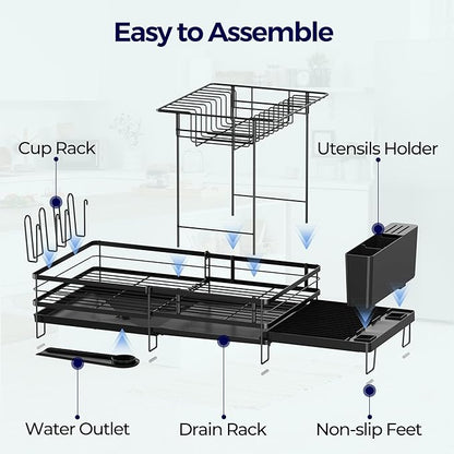 Large Dish Drying Rack, Expandable Dish Rack for Kitchen Counter, Dish Drainer with Drainboard Set, Multifunctional Dishrack with Utensil & Cup Holder, 13.4"-28.7" L x 11.8" W x 9.3" H, Black - Image 8