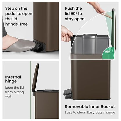 Cesun Small Bathroom Trash Can with Lid Soft Close, Step Pedal, 6 Liter / 1.6 Gallon Stainless Steel Garbage Can with Removable Inner Bucket, Anti-Fingerprint Finish (Brown) - Image 5