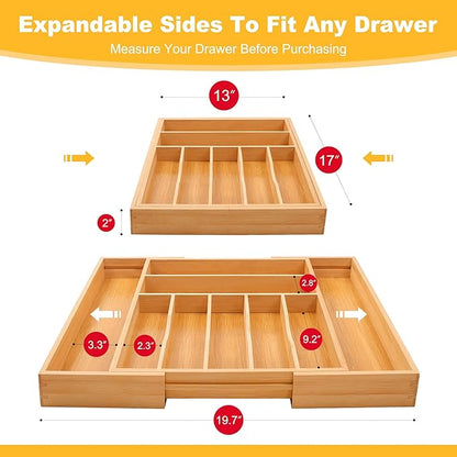 Large Premium Bamboo Silverware Organizer - Expandable Drawer Organizer & Utensil Organizer - 17"x19.7" Cutlery Tray with Dividers for Kitchen Utensils and Flatware (7-9 Slots) (Natural) - Image 2
