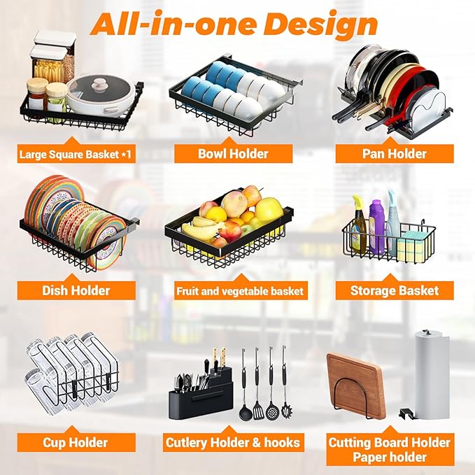 ADBIU Over Sink Dish Drying Rack (Expandable Height/Length) Snap-On Design Large Dish Drainer Storage Counter Organizer 32-40L x 12W x 34-38H (inches) - Image 6