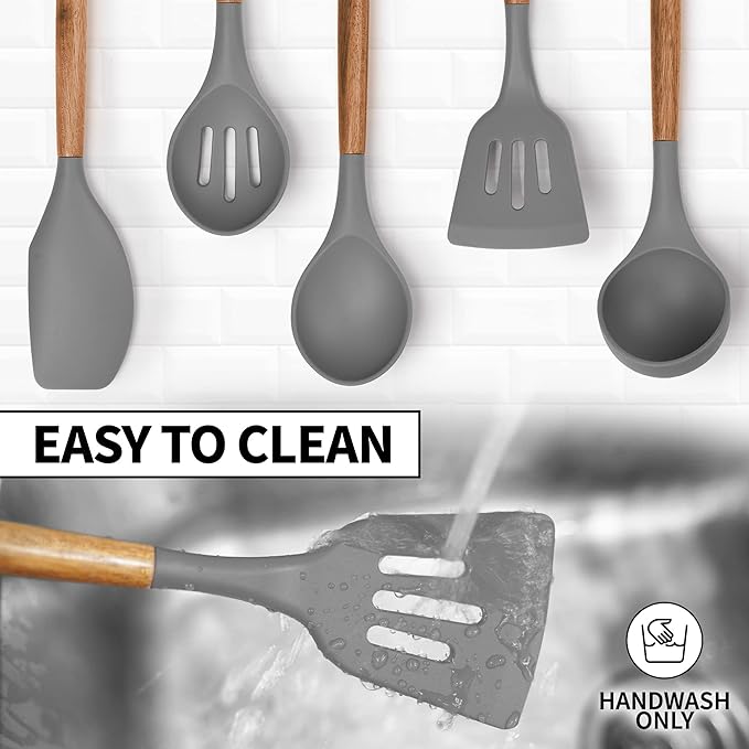 Zulay Kitchen Utensils Set Non-Stick Silicone Cooking Utensils Set with Authentic Acacia Wood Handles - 5 Piece Silicone Utensil Set - Kitchen Utensils Set with 464°F Heat Resistance - Gray - Image 7