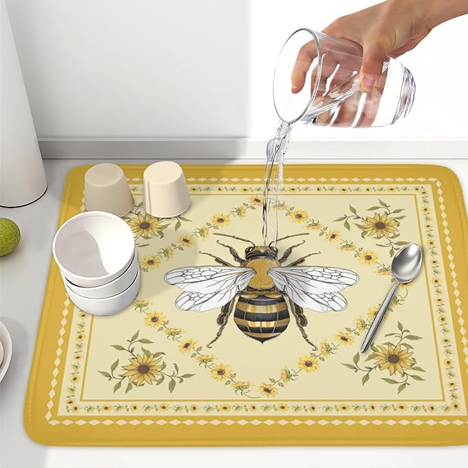 Giwawa Sunflower Bee Dish Drying Mat, Summer Rustic Sunshine Floral Dish Drainer Mats, Yellow Farmhouse Microfiber Reversible Large Dish Drying Pad Decor for Kitchen Countertop, 18x24inches
