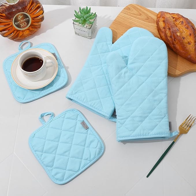 Oven Mitts and Pot Holders 4 pcs Set,High Heat Resistant 500 Degree Extra Thicken Long Kitchen Cotton Oven Glove for Cooking (12 Inch,Light Blue) - Image 4
