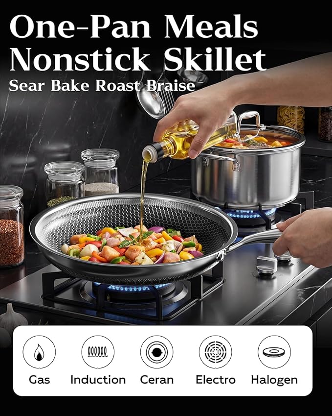 Honeycomb Stainless Steel Nonstick Frying Pan, Induction Cooktop Compatible Skillet, PFOA-Free Scratch-Proof, Dishwasher & Oven Safe, Stay-Cool Handle, Silver Kitchen Cookware - Image 4