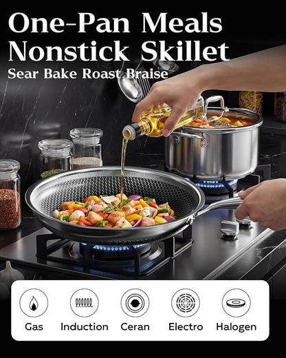Honeycomb Stainless Steel Nonstick Frying Pan, Induction Cooktop Compatible Skillet, PFOA-Free Scratch-Proof, Dishwasher & Oven Safe, Stay-Cool Handle, Silver Kitchen Cookware - Image 4