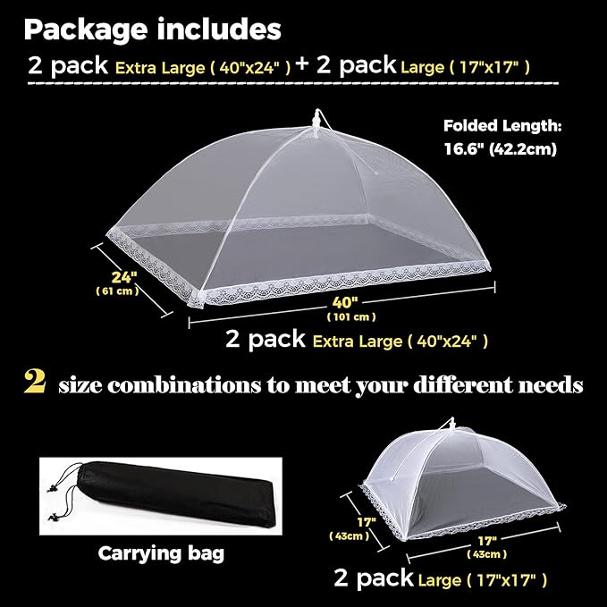 Food Covers for Outside Mesh,2 Pack 40"X24" + 2 Pack 17"X17" Extra Large Pop Up Mesh Food Tent Net Umbrella Food Covers for Outdoors Picnic Party BBQ Supplies,Food Nets for Outdoors