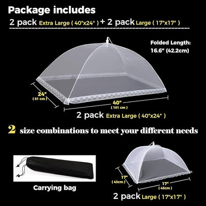 Food Covers for Outside Mesh,2 Pack 40"X24" + 2 Pack 17"X17" Extra Large Pop Up Mesh Food Tent Net Umbrella Food Covers for Outdoors Picnic Party BBQ Supplies,Food Nets for Outdoors