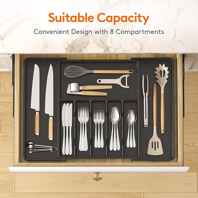 Lifewit Silverware Drawer Organizer, Expandable Utensil Tray for Kitchen, BPA Free Flatware and Cutlery Holder, Adjustable Plastic Storage for Spoons Forks Knives, 15- 27 x 18.5", Black - Image 3