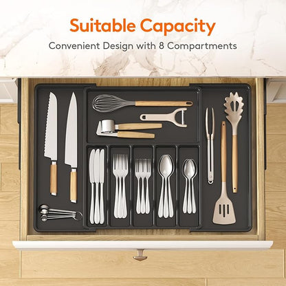 Lifewit Silverware Drawer Organizer, Expandable Utensil Tray for Kitchen, BPA Free Flatware and Cutlery Holder, Adjustable Plastic Storage for Spoons Forks Knives, 15- 27 x 18.5", Black - Image 3
