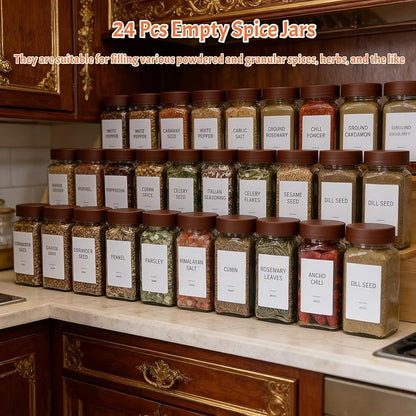 Spice Jars with Labels - 24 Glass Spice with Shaker Lids & Airtight Plastic Caps - 4oz Complete Seasoning Containers Organizer Set for Cabinet, Drawer & Rack (Brown) - Image 3