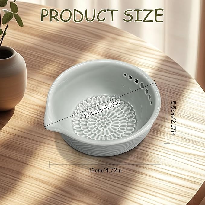Grater Plate, 3 in 1 Ceramic Ginger Grater Bowl with Herb Stripper – Handmade Multi-Functional Kitchen Tool for Garlic, Ginger, Chocolate, Herbs, and Spices