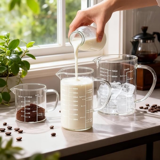 77L 3 Pack Glass Measuring Cup Set (1 1/4, 2 & 4 Cup) [Insulated handle, V-Shaped Spout], High Borosilicate Liquid Glass Measure Cup for Kitchen, Easy To Read, Dishwasher, Freezer, and Microwave Safe - Image 2