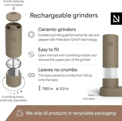 LARS NYSØM Electric Salt and Pepper Grinder Set I Automatic Salt and Pepper Mills with Adjustable Ceramic Grinder I AAA-Battery Operated Electric Spice Mill Set (Taupe Brown)