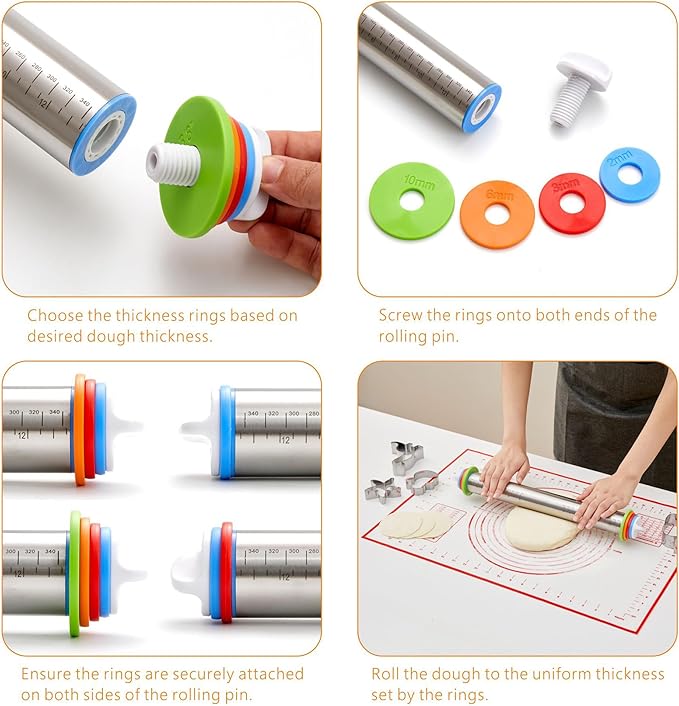 Rolling Pin with Thickness Rings, Fulimax 17" Adjustable Stainless Steel Rolling Pins for Baking, Dough Roller for Fondant Pizza, Pie, Pasta, Cookies, Cakes, Kitchen Baking Supplies - Image 2