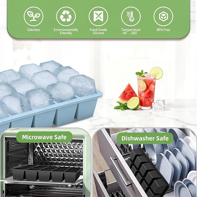 Ice Cube Trays for Freezer, 3 Pack Easy Release Slicone Ice Cube Tray with Lid, BPA Free Stackable Flexible Ice Mold 15 Square Reusable Ice Cubes for Whiskey, Baby Food, Ice Coffee (Pink+Blue+Green) - Image 5