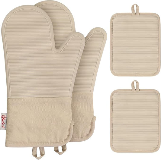 YUTAT Silicone Oven Mitts and Pot Holders Set,High Heat Resistant Up to 500 Degrees,Waterproof Cooking Gloves with Soft Polyester Filling,Kitchen Potholder Set,Khakis,4 Pcs Set by YUTAT
