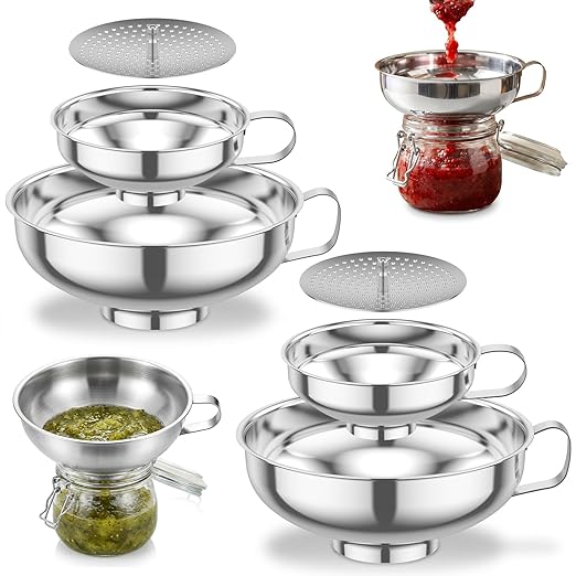 6 Piece Stainless Steel Canning Funnel Set with Strainers, Wide Mouth Mason Jar Funnels Family Pack, Metal Funnels for Filling Bottles, Canning Supplies for Preserving