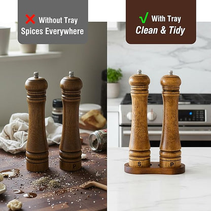Wooden Salt and Pepper Grinder Set, Premium Oak Wood Salt Grinders Shakers, Pepper Mill with S and P Engraving, Adjustable Ceramic Grinder (10″ - 2 Packs with Tray) - Image 2