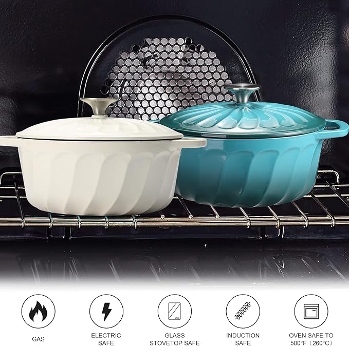 6 QT Enameled Cast Iron Dutch Oven with Lid, Non-Seasoning Enamel Coated Pot, 500°F Oven Safe, Dual Handles, Compatible with All Cooktops for Bread Baking, Braising & Stewing, White (BlueGreen, 6 QT)