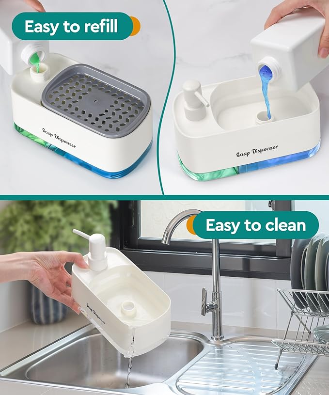 Kitchen Dish Soap Dispenser Set，Dish and Hand Soap Dispenser with Sponge Holder, 3-in-1 Countertop Sponge Dual Soap Pump Dispenser for Kitchen Sink - White - Image 4