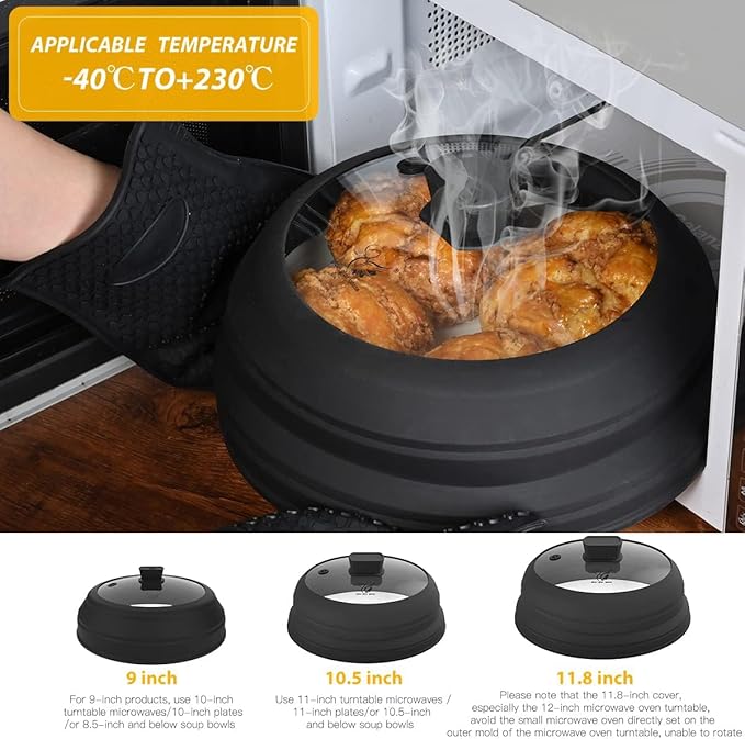 Microwave Splatter Glass Cover with Collapsible Silicone for Food Cover Plate Cover 10.8 inch with Anti-Scalding Gloves - Image 2