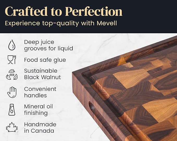 Mevell Walnut End Grain Cutting Board for Kitchen, Reversible Extra Large Wooden Butcher Block With Juice Grooves, Made in Canada (Walnut, 20x13x2) - Image 7