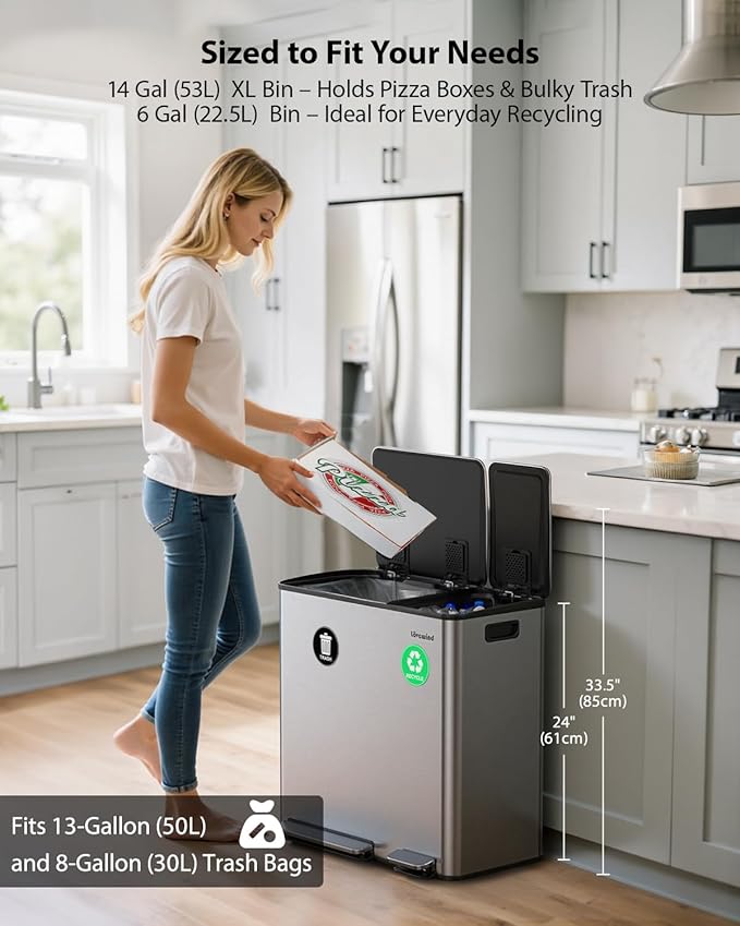 Lovewind Dual Trash Can, 14 + 6 Gallon Garbage Can for Kitchen Dual Compartment Recycling Kitchen Step Trash Bin, Stainless Steel Trash and Recycle Bin Combo with Soft-Close Lid, Silver - Image 2