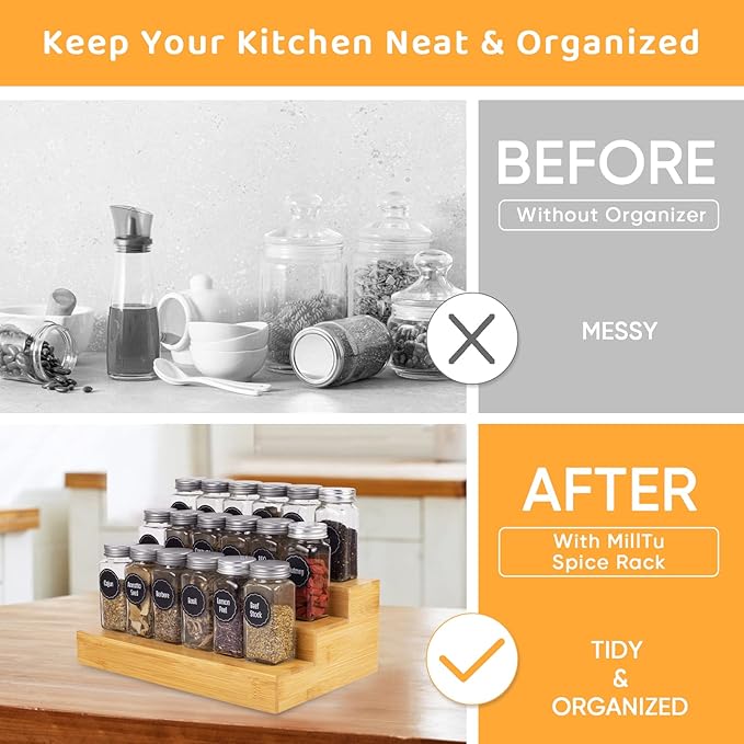 Bamboo Spice Rack Organizer for Cabinet 2 Pack - 3 Tier Countertop Step Shelf, Seasoning Storage Stand for Kitchen Pantry, Spice Holder for Jars Bottles Cans (Natural) - Image 2