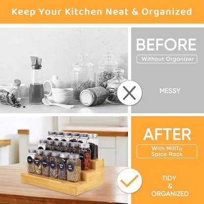 Bamboo Spice Rack Organizer for Cabinet 2 Pack - 3 Tier Countertop Step Shelf, Seasoning Storage Stand for Kitchen Pantry, Spice Holder for Jars Bottles Cans (Natural) - Image 2