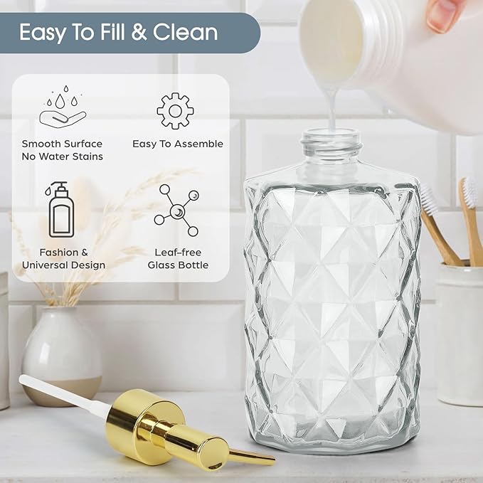 Topsky Glass Soap Dispenser with Plastic Pump,330ml Liquid Hand Soap Dispenser, Rustproof Pump for Kitchen & Bathroom,Great for Lotions,Essential Oil,Liquid Soaps Clear - Image 2