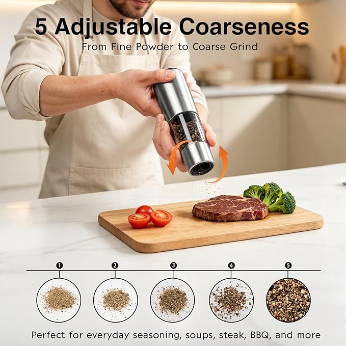 StarOcean Electric Salt and Pepper Grinder Set, Automatic Gravity Grinder with Rechargeable Base, 5 Adjustable Coarseness, Leak-Proof & Mess-Free, USB-C Charging, Stainless Steel