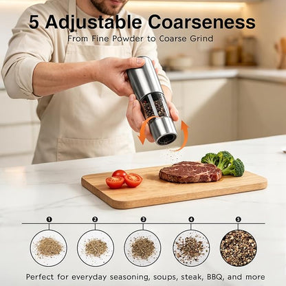 StarOcean Electric Salt and Pepper Grinder Set, Automatic Gravity Grinder with Rechargeable Base, 5 Adjustable Coarseness, Leak-Proof & Mess-Free, USB-C Charging, Stainless Steel