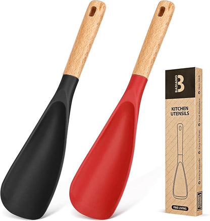 Cooking Spoon for Nonstick Cookwares, Great for Cooking and Serving Sturdy BPA-Free Matte Silicone, Wood Handle Spoon for Mixing, Scoop, and Scrape (Black & Red, 11.4 inch) by BADIANO