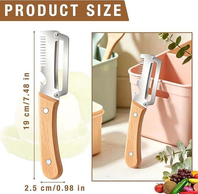 2 Pack Multifunctional Vegetable Peeler with Wooden Handle, 3-In-1 Veggie Peeler with Scallion Shredder and Bottle Opener, Stainless Steel Kitchen Peeler for Fruit Pumpkin Potato Carrot - Image 5