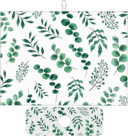 Watercolor Plant Green Leaves Dish Drying Mat for Kitchen Counter, 18"x24" Microfiber Absorbent Fast Dry Mat, 2Pcs Dish Mat Faucet Mats Sets, Large Drying Kitchen Mat Kitchen Drying Pad