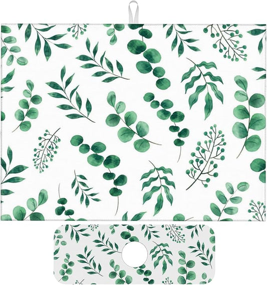 Watercolor Plant Green Leaves Dish Drying Mat for Kitchen Counter, 18"x24" Microfiber Absorbent Fast Dry Mat, 2Pcs Dish Mat Faucet Mats Sets, Large Drying Kitchen Mat Kitchen Drying Pad
