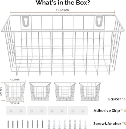 MaraFansie Hanging Wire Baskets Kitchen Storage Basket Adhesive and Screws Basket Over the Cabinet Door Organizer with Adhesive Strips and Screws Accessories, White, 4 Pack - Image 7