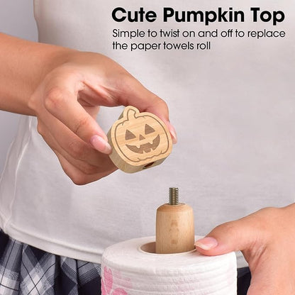 KitchLife Cute Wooden Paper Towel Holder Countertop - Solid Freestanding Paper Towel Dispenser Stand Organizer with Anti-Skid Base (Pumpkin) - Image 5