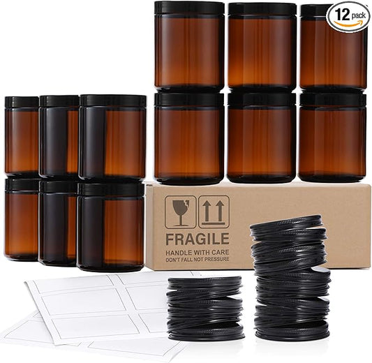 12 Pack, 8 OZ Dark Amber Candle Jars for Making Candle - Thick Glass Jars with 12 Metal & 12 Plastic Lids - Empty Round Food Storage Containers, Canning Jar For Spice, Liquid, Sample - Food Grade by AOZITA