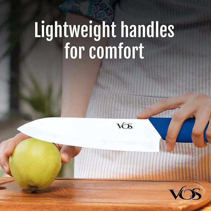 Vos Ceramic Knife Set in Elegant Gift Box, Ceramic Knives Set For Kitchen, Ultra Sharp Kitchen Knife Set with Covers, 4" 5" 6" Paring, Santoku & Chef Knife, Lightweight, Dishwasher safe (Blue Handle)