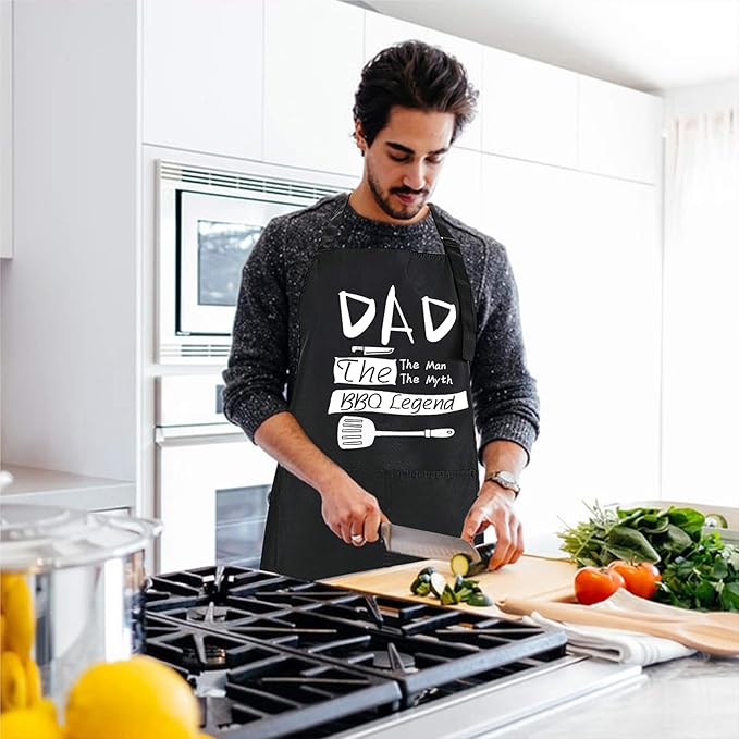 Rosoz Funny Black Chef Aprons for Men, Dad BBQ Legend, Adjustable Kitchen Cooking Aprons with Pocket Waterproof Oil Proof Father’s Day/Birthday