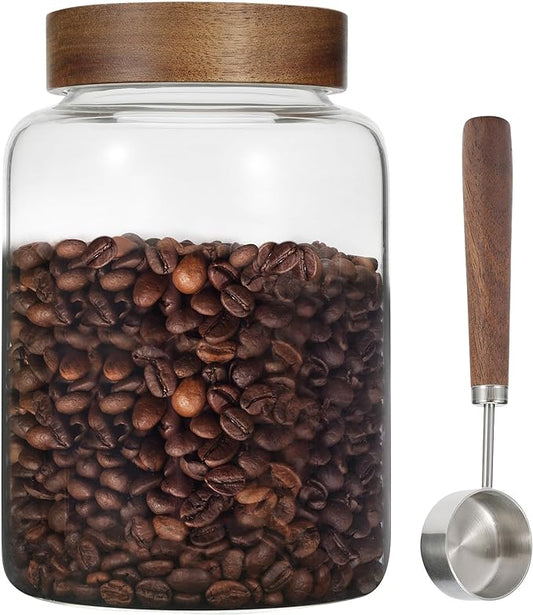 Large Glass Coffee Jars with Spoons 60 oz /1800ml, Round Storage Canister with Wooden Lid Clear Glass Food Jar for Pantry Sugar Tea Coffee Bean Spice Nuts Cookies Bath Salts (1800ml/60oz) by Patoper