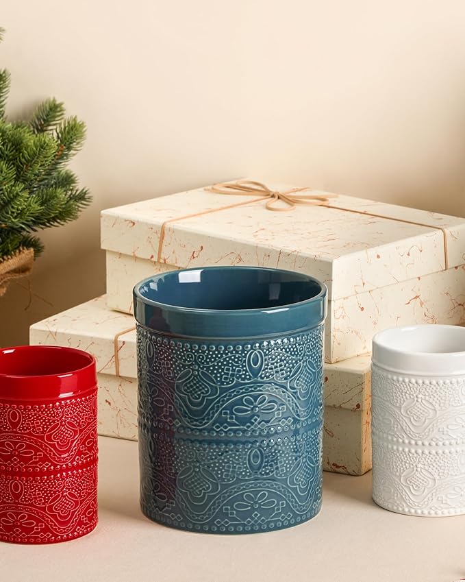 FUN ELEMENTS Kitchen Utensil Holder, 7.2+5.5" Super Large Utensil Crock Heavy and Stable Lace Emboss Ceramic Utensil Holder for Kitchen Counter(2Pcs Grayish Blue) - Image 7
