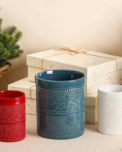 FUN ELEMENTS Kitchen Utensil Holder, 7.2+5.5" Super Large Utensil Crock Heavy and Stable Lace Emboss Ceramic Utensil Holder for Kitchen Counter(2Pcs Grayish Blue) - Image 7