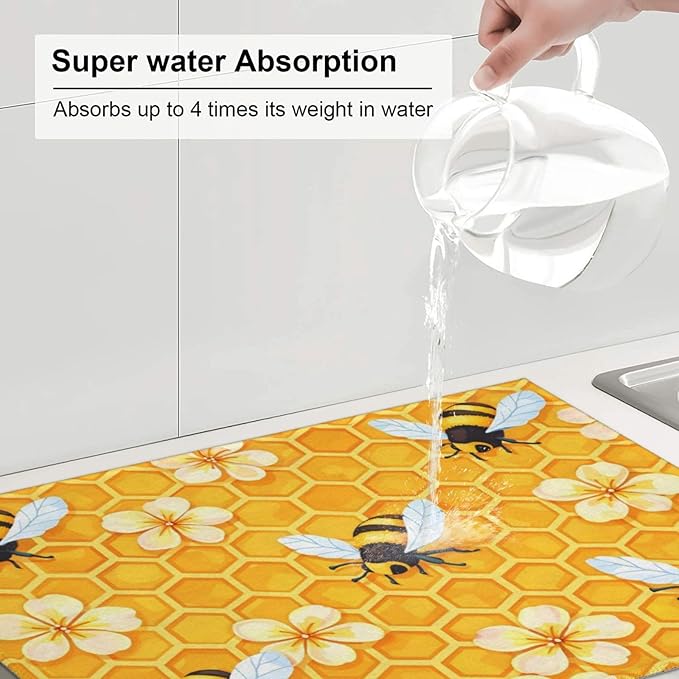 Bee Dish Drying Mat For Kitchen Counter Absorbent Large Kitchen Fast Dry Pad Reusable Washable Protector Rack Large Mat 18 X 24